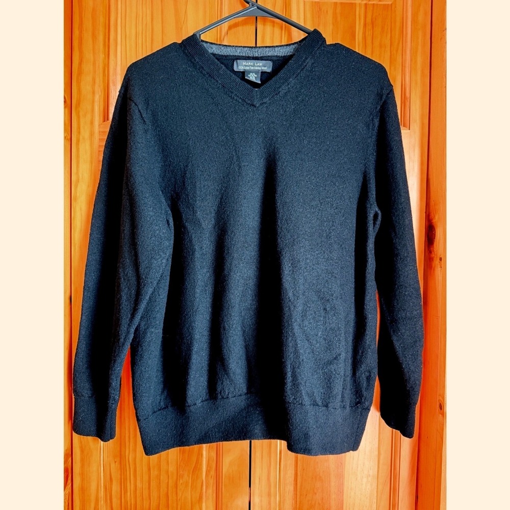 Mark Law Black 100% Extra Fine Merino Wool V-Neck Sweater XL
